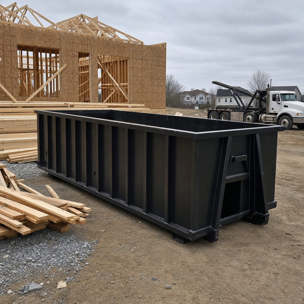 Matte-black 40-yard roll-off dumpster staged on a framed-out residential construction site in Gainesville, framing lumber stacked nearby, hooklift delivery truck visible in the background under bright Colorado daylight