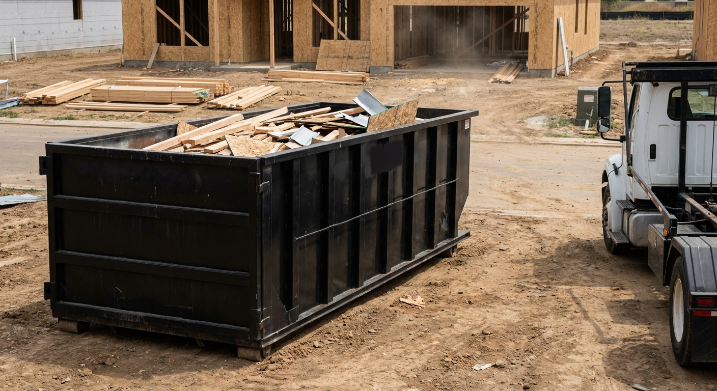 Matte-black 20-yard roll-off construction dumpster with heavy ribbed steel sidewalls and swing rear doors at a working jobsite in Gainesville, sitting directly on compacted dirt with an unmarked white hauler partially visible at the far edge of the frame.