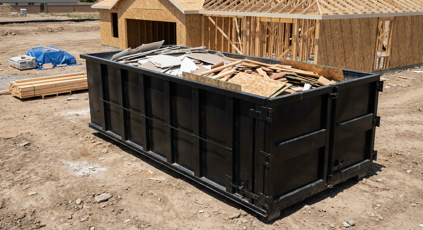 Matte-black 30-yard roll-off construction dumpster sitting directly on the compacted-dirt site of a framed single-family home build in Gainesville, drywall and lumber scrap loaded inside.