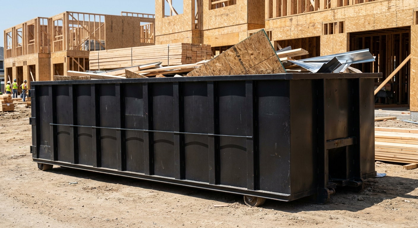 Matte-black 40-yard roll-off construction dumpster being lowered from a white-cab hooklift delivery truck onto the compacted-dirt jobsite at a commercial build site in Gainesville