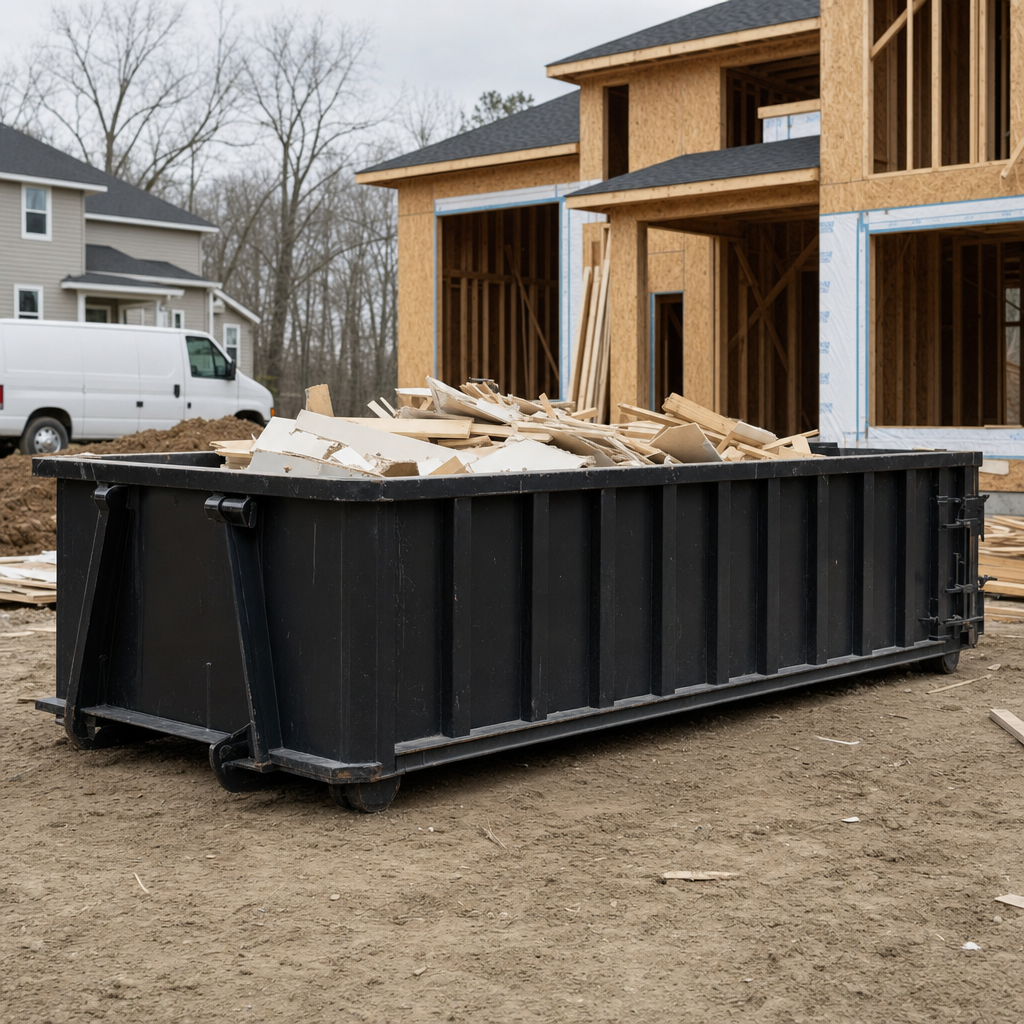 Worker in a yellow high-visibility vest tossing framing lumber and broken drywall into a matte-black 30-yard construction roll-off dumpster on an active build site in Gainesville, bright daylight