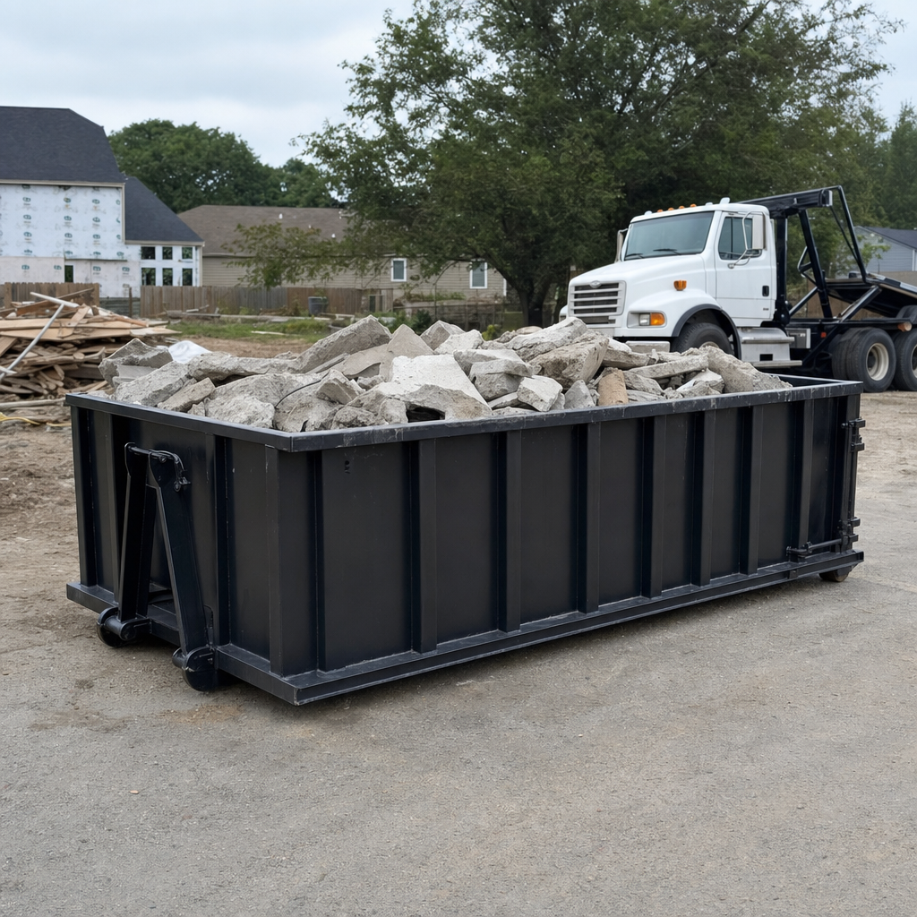 Low-profile matte-black lowboy roll-off dumpster loaded with broken concrete slab and rebar at a foundation tear-out in Gainesville, skid steer parked beside it, sunny Colorado morning
