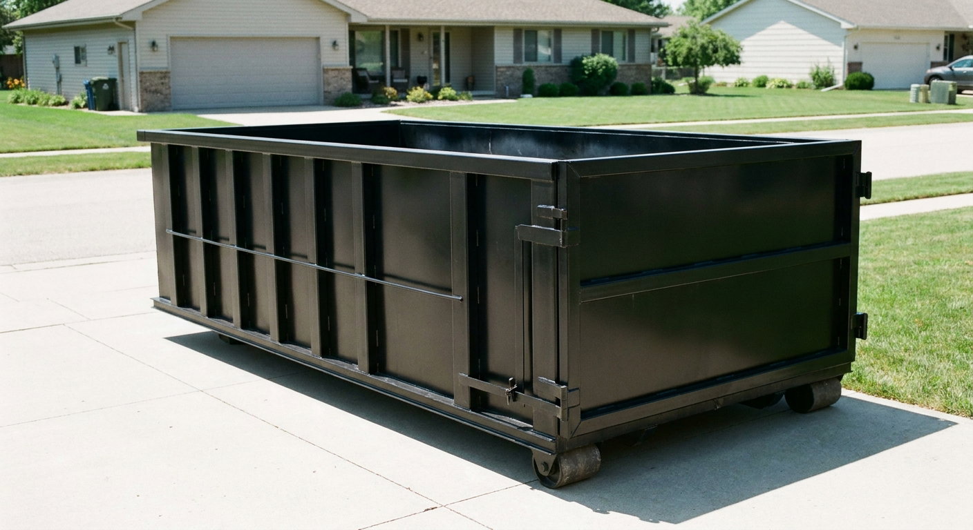 Matte-black 10-yard roll-off dumpster on a residential concrete driveway in Gainesville, uniformly painted matte black across every panel and rail, ribbed steel sidewalls and rear swing door visible, mid-day daylight.