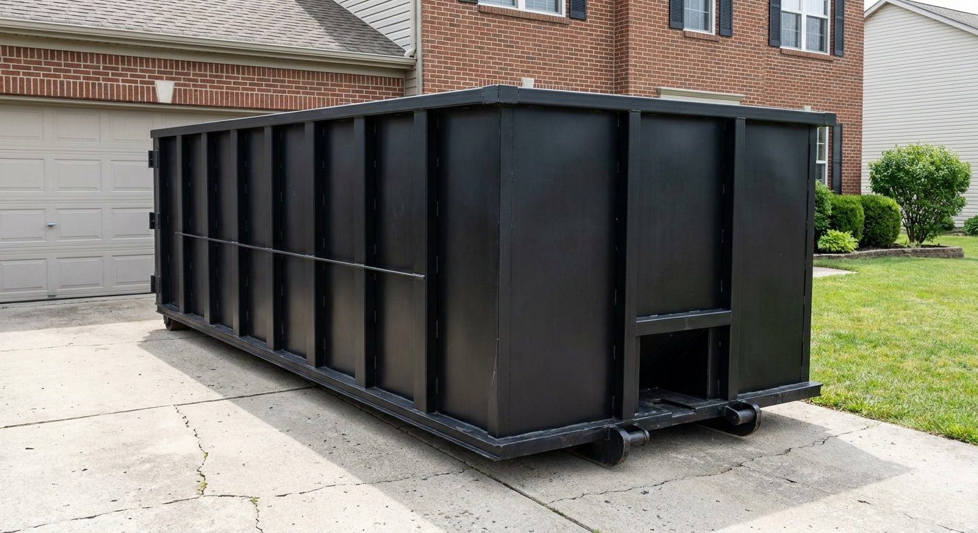 Matte-black 20-yard roll-off container on a Gainesville residential concrete driveway with reinforced ribbed steel sidewalls and a hinged rear walk-in door, clean bright daylight.