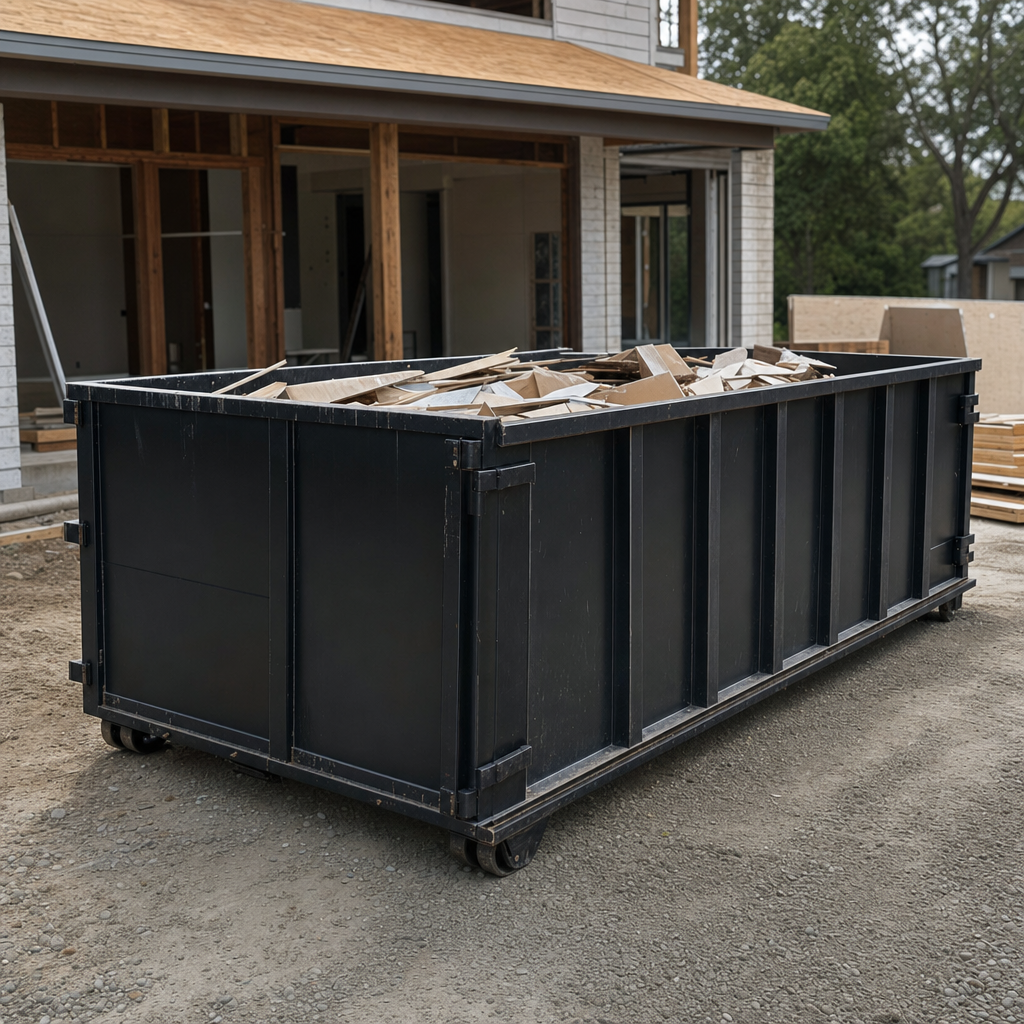 Large matte-black 30-yard construction roll-off dumpster at an active Gainesville jobsite, steel-gray top rails and bottom rollers visible, loaded with construction debris.