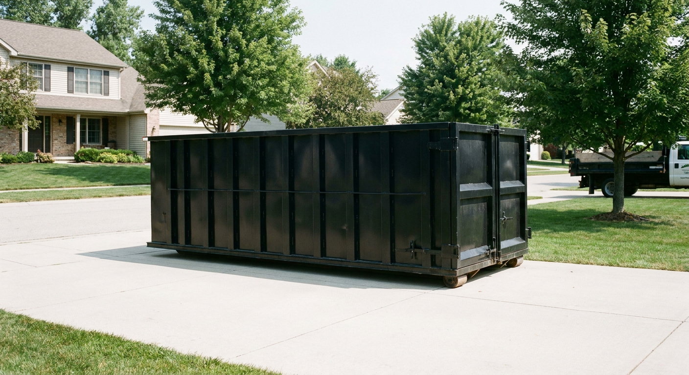 Matte-black 20-yard roll-off dumpster sitting level on a clean Gainesville residential concrete driveway under bright daylight, demonstrating clean placement directly on the concrete.