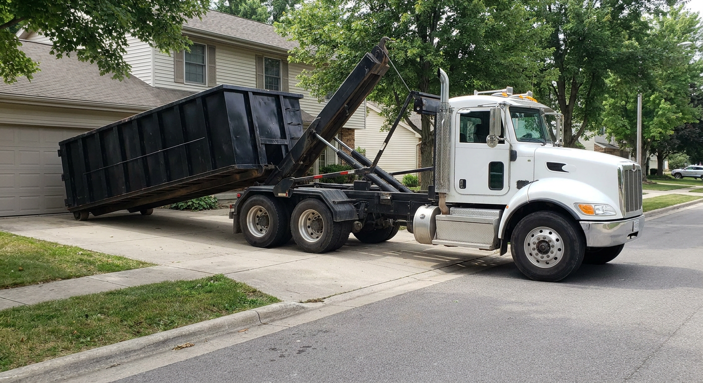 White-cab hooklift roll-off truck actively lowering a matte-black dumpster onto a Gainesville residential concrete driveway, the dumpster's rear wheels touching the driveway as the hoist arm tilts the bed forward, mid-morning daylight.
