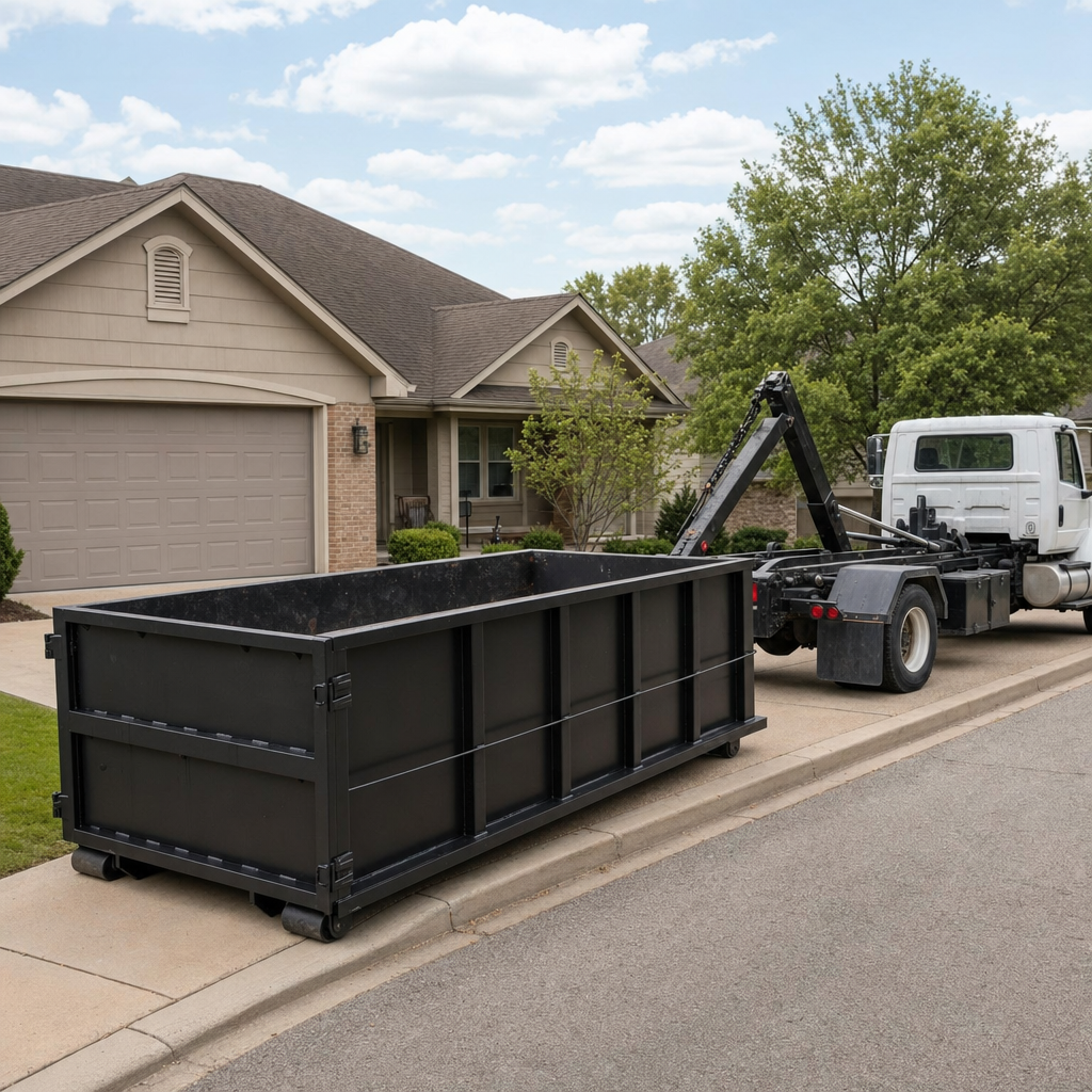 Wide documentary shot of a matte-black roll-off dumpster on a Gainesville residential driveway in the foreground and a contractor jobsite container in the soft-focus background, bright daylight, calm and orderly composition.