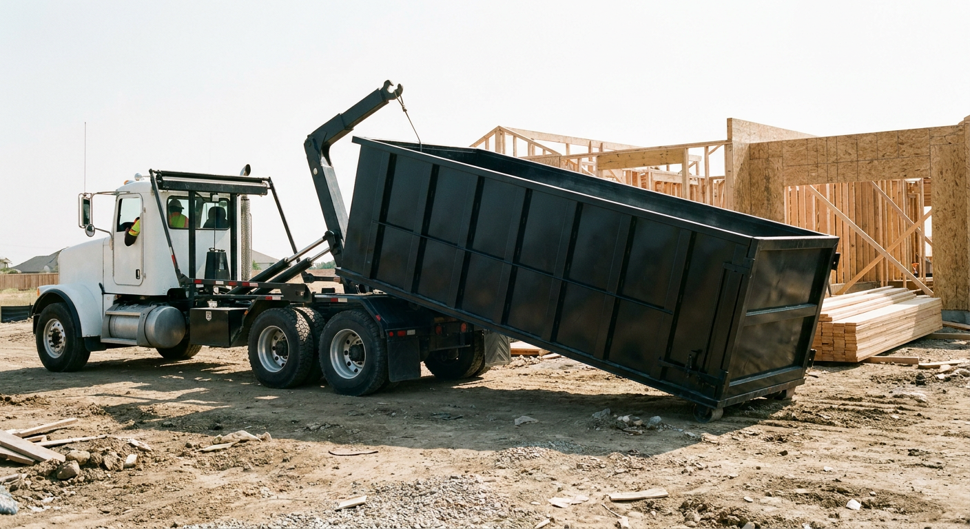 Matte-black roll-off dumpster being delivered onto a clean residential concrete driveway in Gainesville by an unmarked white hooklift hauler truck, bright morning daylight, documentary 35mm perspective.