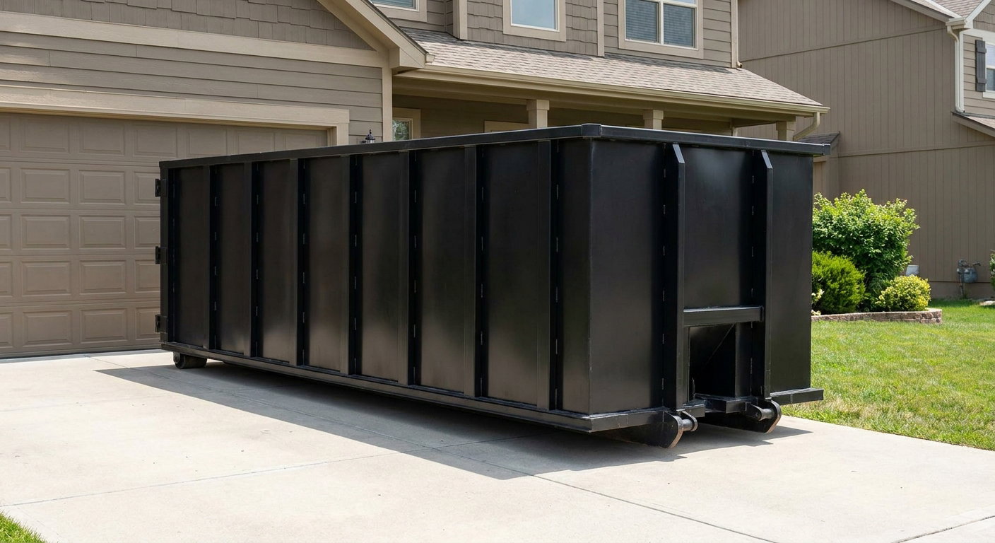 Matte-black residential roll-off dumpster sitting directly on a suburban Gainesville concrete driveway, garage door closed, single-family home in background, bright morning daylight.