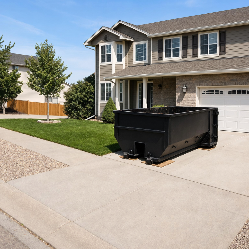 10-yard matte-black residential dumpster placed directly on a narrow Gainesville concrete driveway, room remains for a parked sedan beside it, mid-morning natural light