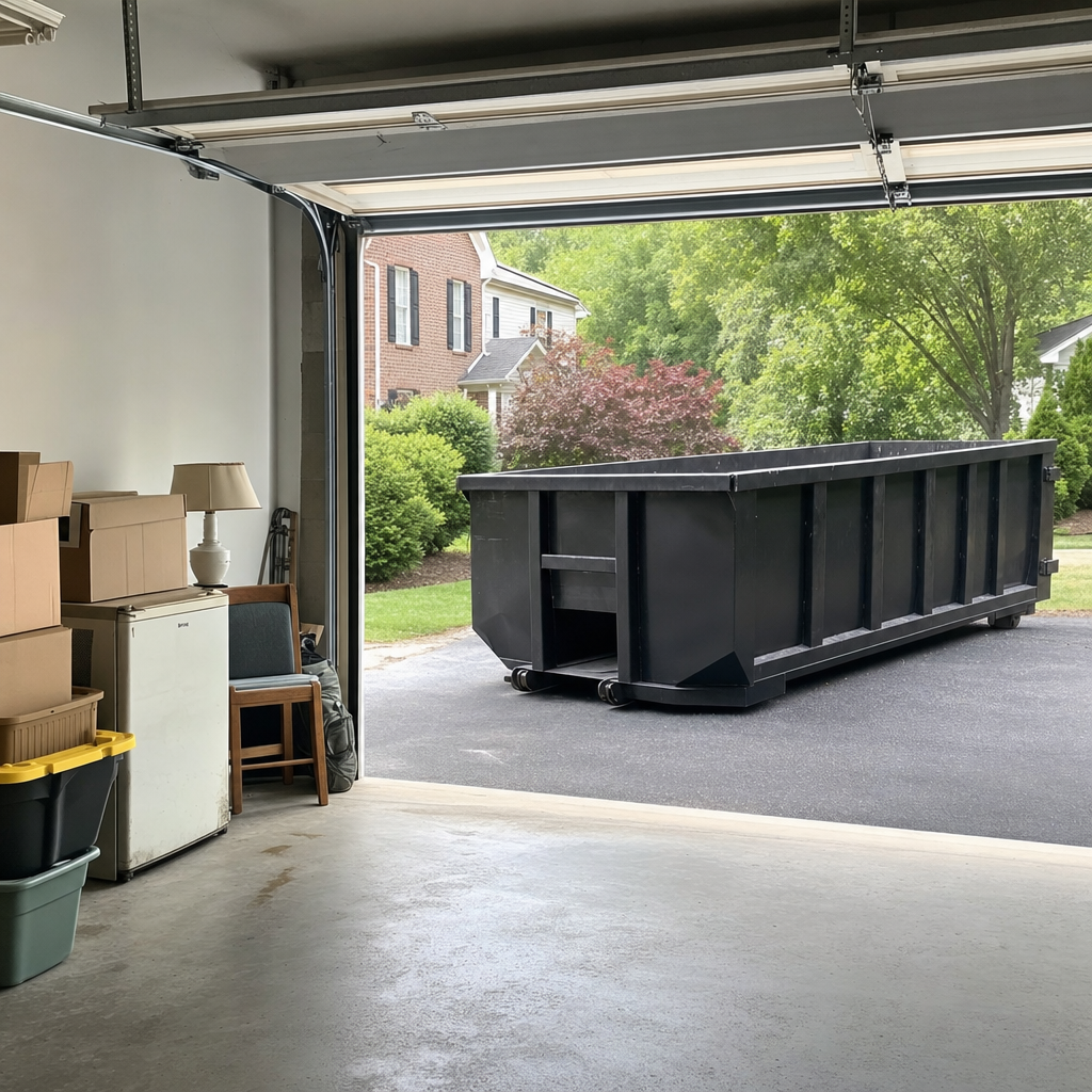 Open garage interior in a Gainesville home mid-cleanout — boxed items, an old appliance, and stacked yard tools queued near the driveway for a matte-black roll-off dumpster, organized and calm