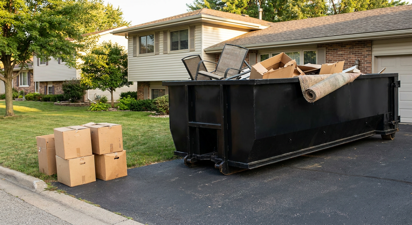 Front-yard view of a Gainesville split-level home with a 20-yard matte-black roll-off dumpster sitting directly on the asphalt driveway, a few clearly labeled donation boxes staged at the curb, calm sunny afternoon.
