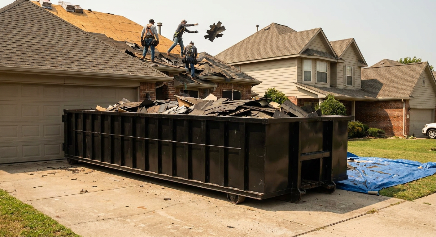Matte-black roofing roll-off dumpster placed directly on a Gainesville residential concrete driveway, a tear-off crew on a two-story asphalt-shingle roof tossing shingle bundles into the low-walled container, bright daylight, documentary 35mm perspective.