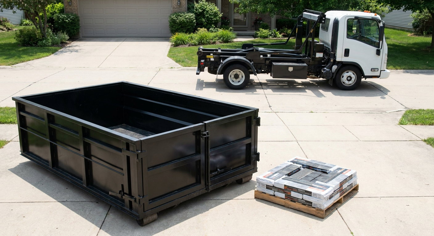 Matte-black 15-yard roofing roll-off dumpster with reinforced low side walls sitting directly on a Gainesville residential concrete driveway, three-tab asphalt shingle bundles stacked nearby, an unmarked white hauler truck partially visible at the edge of the frame.