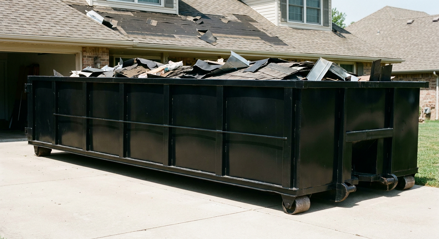 Matte-black 20-yard roofing roll-off dumpster with steel ribbed sides and swinging rear door, sitting directly on the concrete driveway of a two-story Gainesville home, asphalt shingle debris being loaded over the low wall, clean documentary lighting.