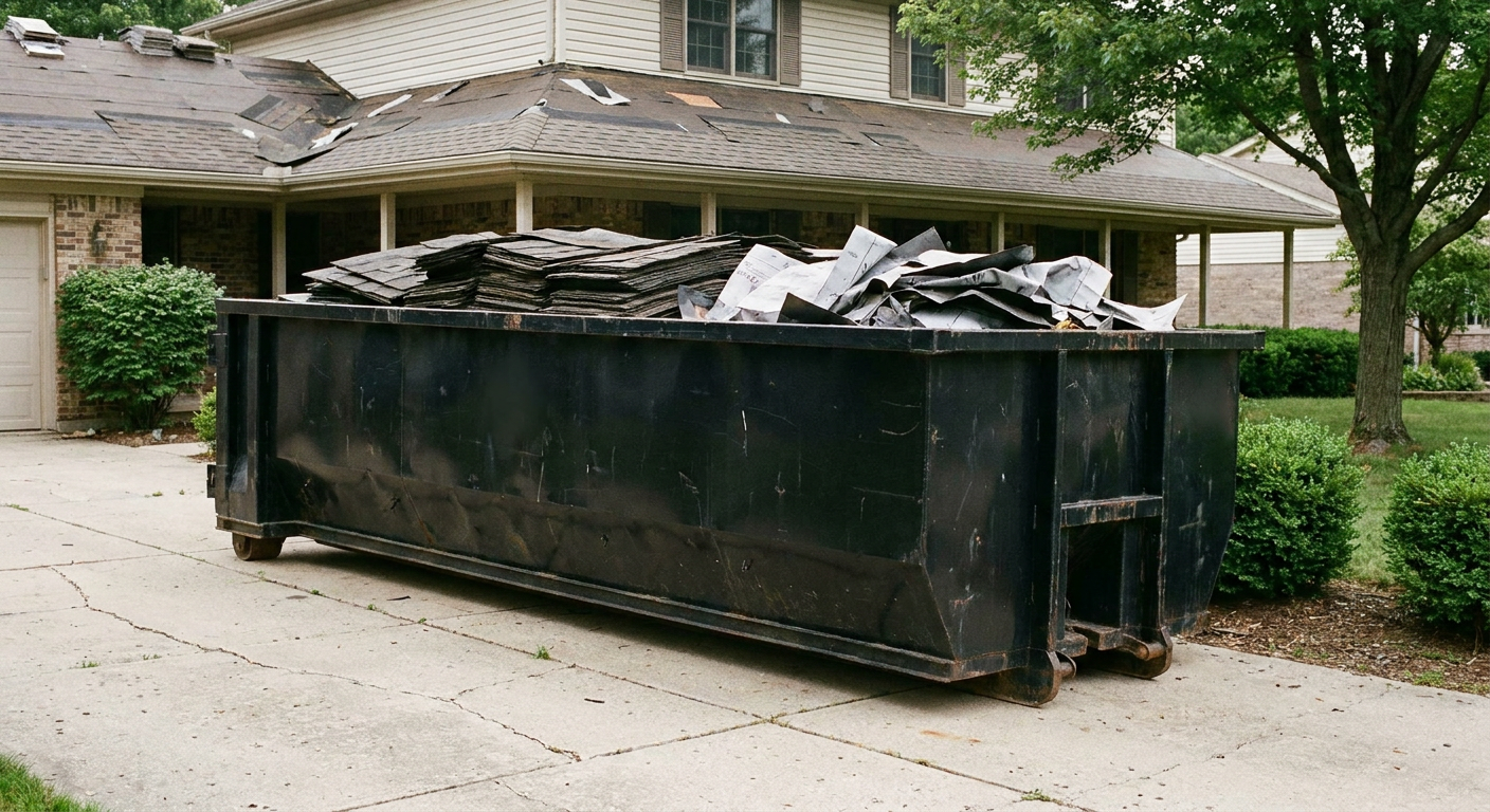 Matte-black 30-yard roofing roll-off dumpster sitting directly on a Gainesville concrete driveway, taller ribbed steel side panels, mixed tear-off debris of asphalt shingles and underlayment inside, professional documentary daylight.