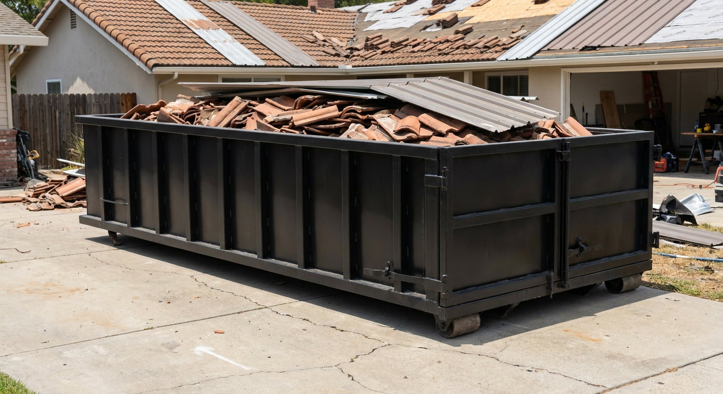 Matte-black low-wall heavy-debris roofing roll-off dumpster sitting directly on a Gainesville concrete driveway, broken concrete clay roof tiles and metal panel sections loaded inside, reinforced ribbed steel side walls visible, bright outdoor daylight.