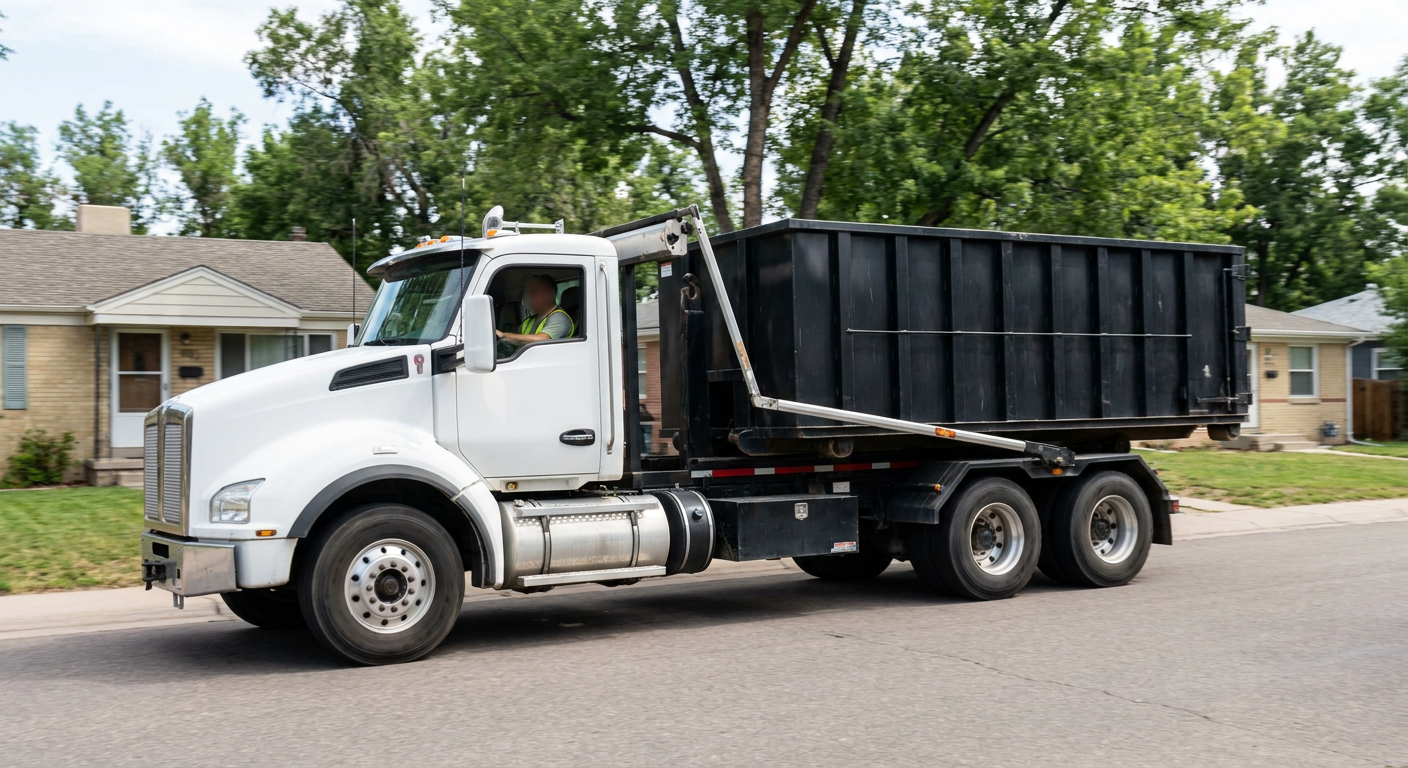 A wide documentary shot of a matte-black roll-off delivery truck pulling onto a quiet Gainesville residential street at mid-morning, with neighborhood rooftops and tree-lined blocks visible behind, showing the metro coverage footprint.
