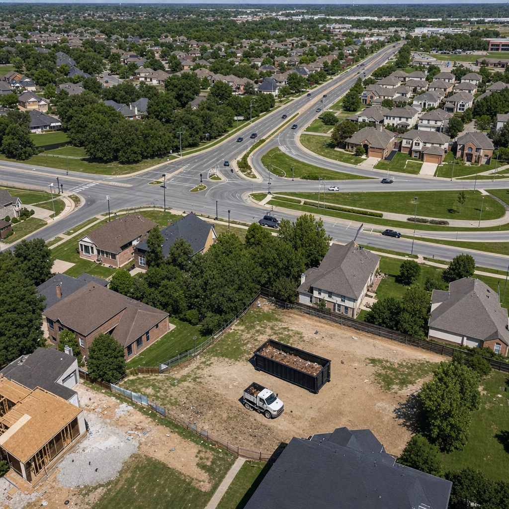 An overhead documentary view of the Gainesville metro area at midday, showing the spread of neighborhoods, arterial roads, and the dispatch radius from a central yard — clean daylight, organized geographic layout.