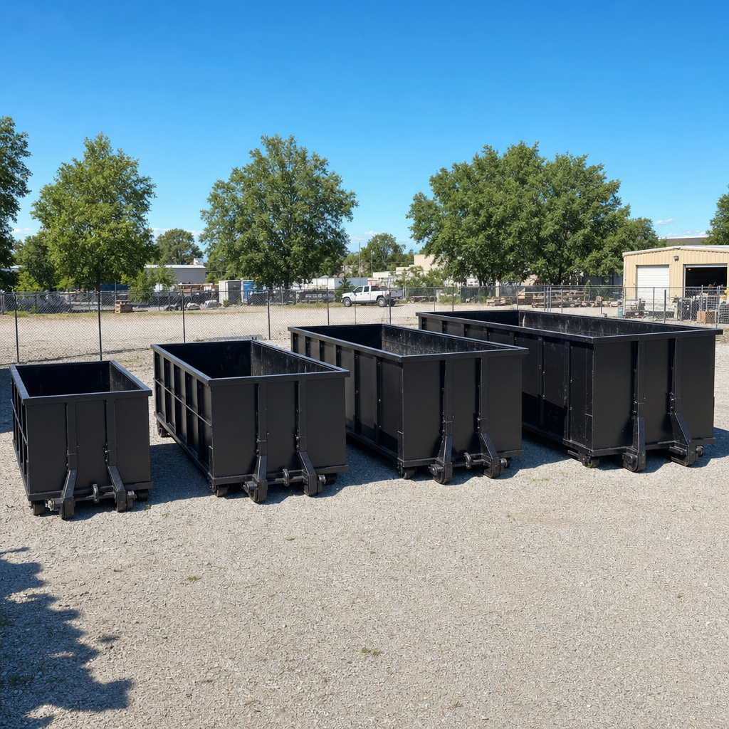 A clean lineup of matte-black roll-off dumpsters in 10, 20, 30, and 40-yard sizes staged on a sunlit gravel yard in Gainesville, showing the size progression from compact to commercial-scale containers.