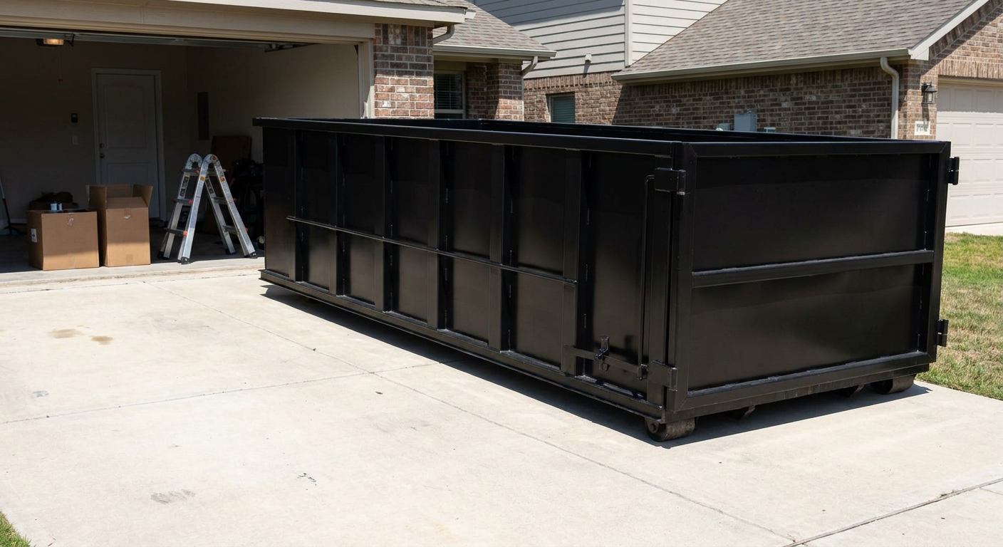 A matte-black 10-yard roll-off dumpster sitting directly on a residential Gainesville concrete driveway, mid-day sunlight, clean and ready for a garage cleanout.