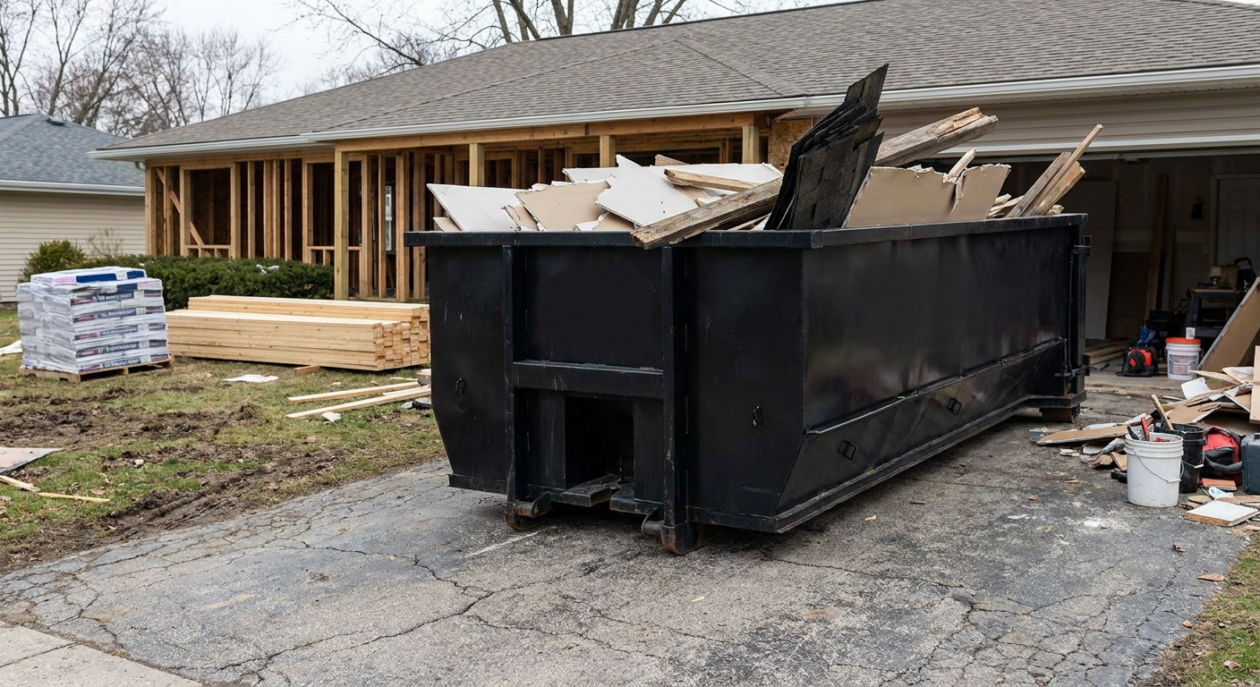 A matte-black 20-yard roll-off dumpster placed alongside a mid-renovation Gainesville home directly on the asphalt driveway, with framing materials and torn-off shingles staged neatly nearby.