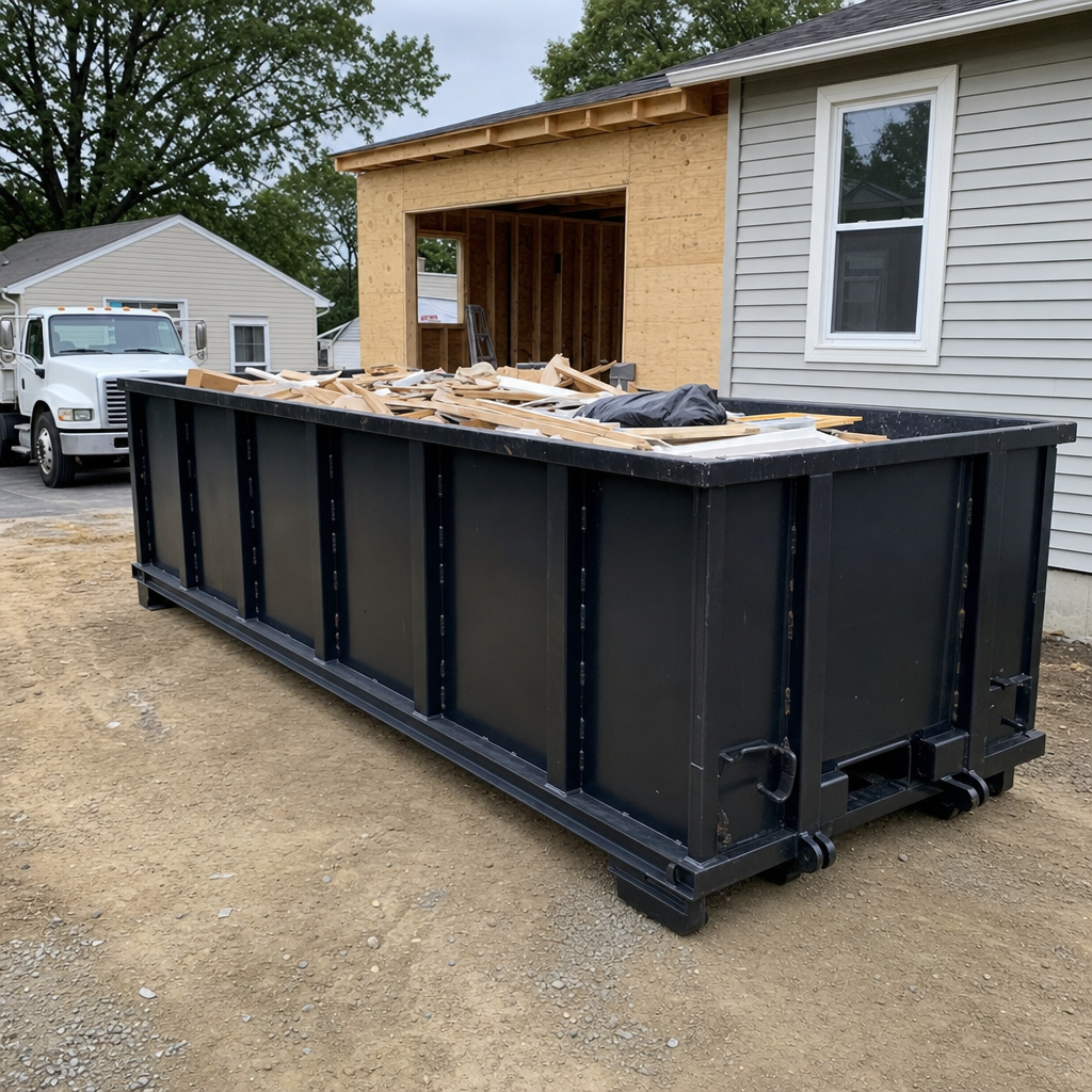 A matte-black 30-yard roll-off dumpster positioned at a Gainesville residential addition jobsite, with framing lumber and drywall scraps loaded through the open swinging rear doors.