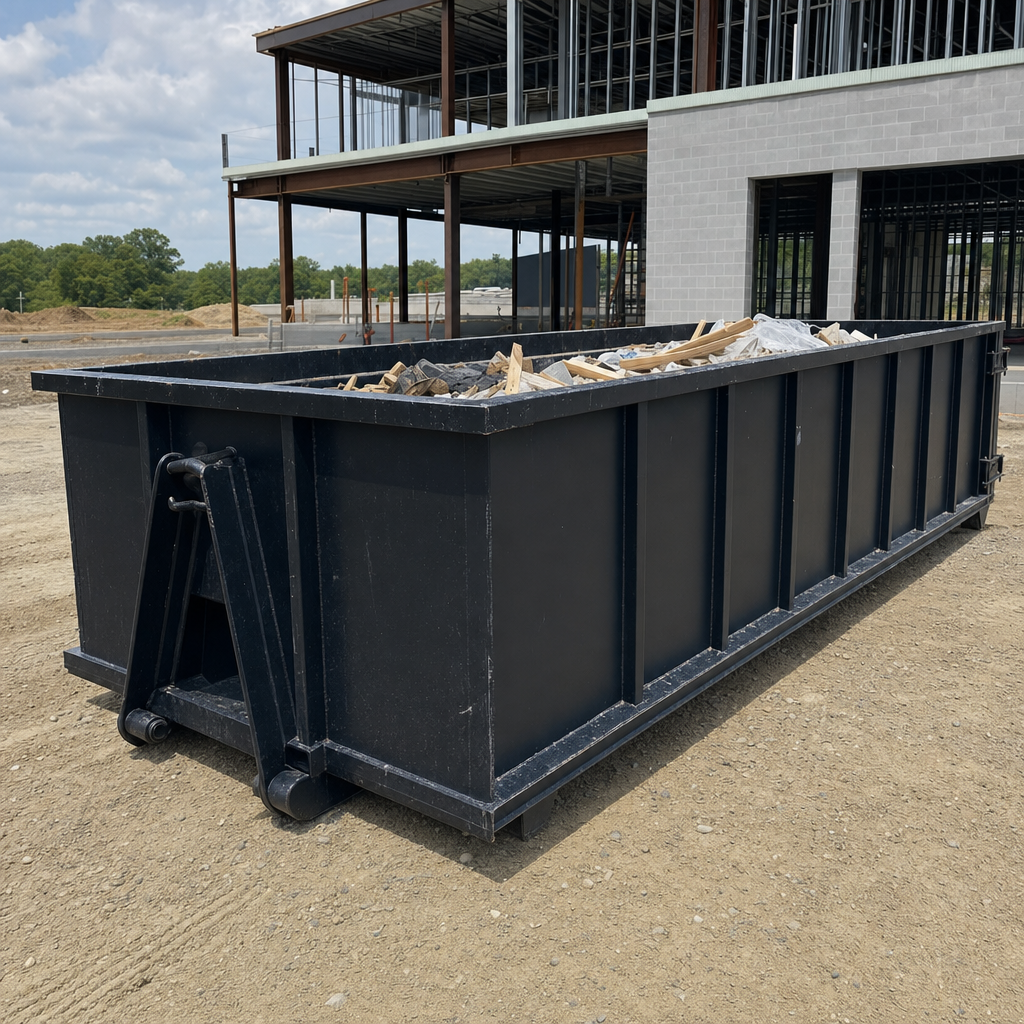 A matte-black 40-yard roll-off dumpster staged on a large Gainesville commercial construction lot, with a hooklift delivery truck parked alongside under bright midday sky.