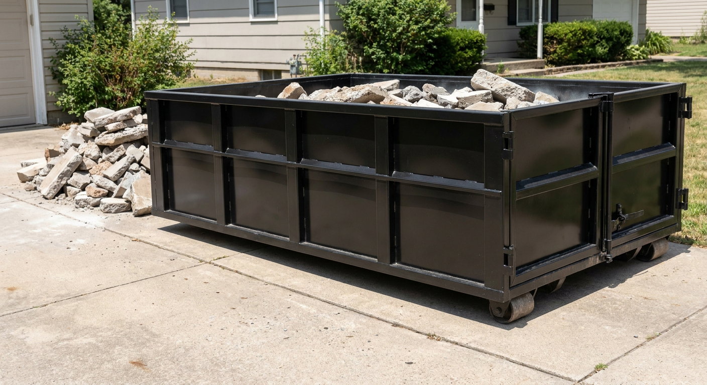 A matte-black low-side heavy-debris roll-off dumpster placed directly on a Gainesville concrete driveway, with broken concrete chunks neatly stacked beside it under clean daylight.
